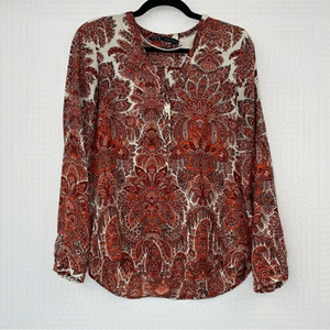 Zara Basic Red and Cream Paisley Blouse Size S